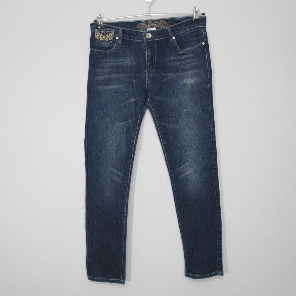 No Fuze Women's Jeans 11 12 Mid Rise Straight Leg Embroidered Button Flap Pocket